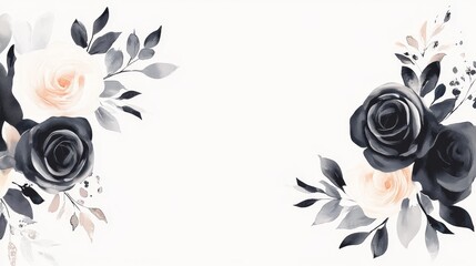 Watercolor Floral Composition Dark and Peach Roses, Elegant Greenery, Romantic Invitation Design, Blank Space Watercolor painting, Floral design