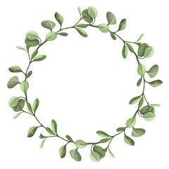 Elegant green leafy spring wreath, blueberry leaves. Romantic botanical watercolor circle frame, white background. Ideal arrangement for wedding, christening invitations, greeting card, save the date
