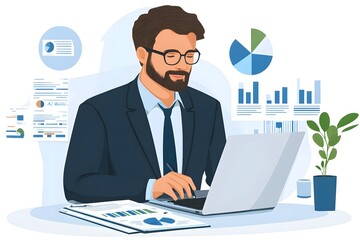 A focused professional meticulously analyzes data and works on a laptop. Demonstrating the digital tools and resources in the process of work.