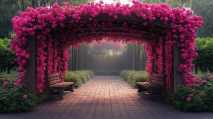 Fototapeta premium Enchanting Floral Archway with Vibrant Pink Flowers and Serene Garden Pathway