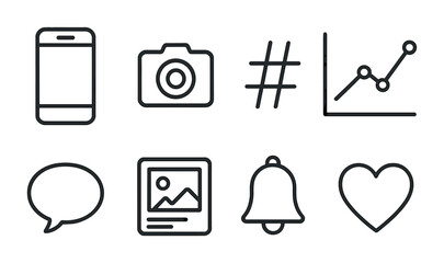 Set of social media icons: smartphone, camera, hashtag, graph, speech bubble, photo, bell, heart.