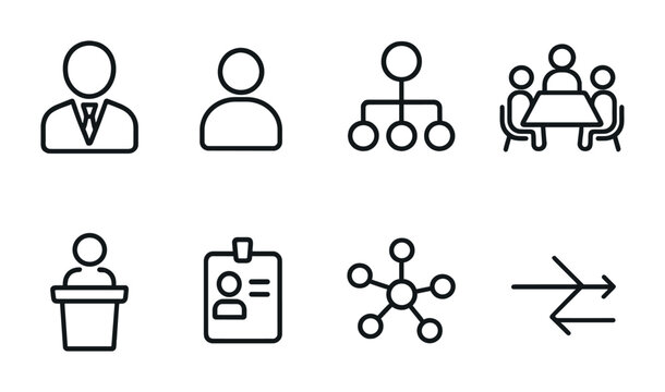 Set of business and management icons in simple black line style.