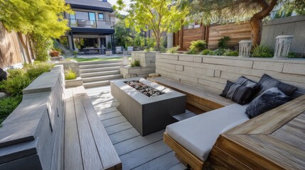 Modern tiered backyard with built-in seating and fire pit  