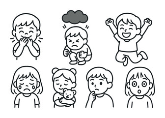 Various emotional expressions of asian children in black and white illustrations.