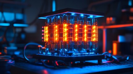 Illuminating Digital Display: Captivating image of an intricate digital display with glowing numerical figures, set against a blurred background of tech equipment.