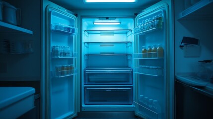 The commercial freezer is empty, featuring clean shelves and bright lighting