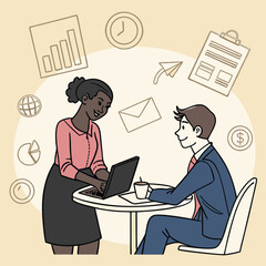 Business Meeting Illustration Of Diverse Professionals Discussing Data With Laptop In A Modern Office With Infographics And Icons