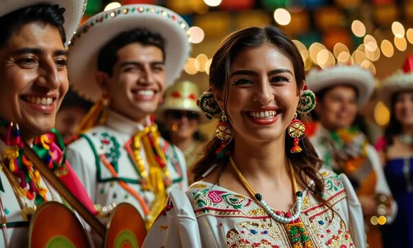 Celebration of culture in vibrant traditional attire with joyful musicians performing at a festive gathering