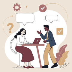 Business Meeting Illustration Of Problem Solving And Team Discussion Vector Illustration For Presentations And Design