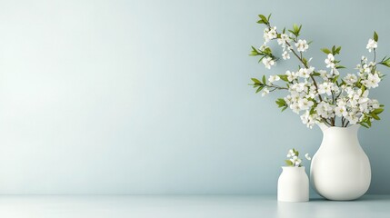 A stunning display of white flowers in a white vase against a soft blue backdrop creates a serene atmosphere, enhancing the aesthetic beauty of any space.