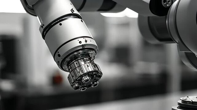 Close-up of a Robotic Arm's Precise End Effector in a Factory Setting