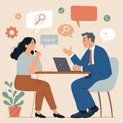 Business Discussion With Speech Bubbles And Laptop Featuring Two People At A Table Exploring Ideas And Solutions For Success