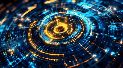 Futuristic Tech Interface: Immerse in a vibrant digital vortex, a captivating circular design with neon-like hues of electric blue and radiant gold.