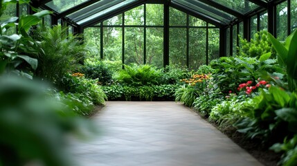 This image showcases a stunning greenhouse filled with vibrant tropical plants, lush greenery, and a tranquil pathway that invites exploration and relaxation.
