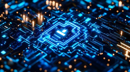 Obraz premium Circuit Board's Cybernetic Symphony: A captivating high-angle shot of a luminous circuit board.