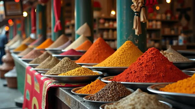 Spice market with colorful mounds of spices on display