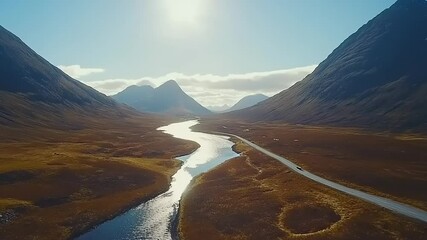 Scenic mountain valley, river, road, sunny day