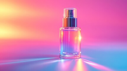 A clear glass spray bottle, bathed in vibrant, gradient light