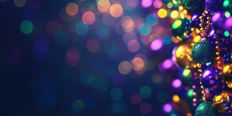 Mardi gras blurred background of sparkling Bengal fire sparklers with bokeh lights in Purple, Green, And Yellow Colors. Mardi Gras beads in traditional colors