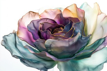 Obraz premium A mesmerizing iridescent silk rose, delicately crafted with gold accents, showcasing a captivating blend of colors and textures.