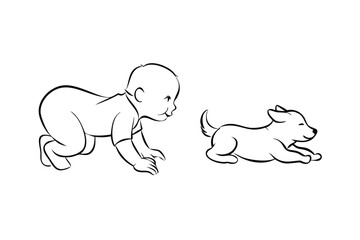 Line Art Illustration Of Crawling Baby And Playful Puppy Friend Black And White Outline Drawing Of Infant Animal Companionship And Childhood Innocence