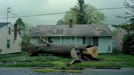 Uprooted tree from strong winds falls on small house, damaging porch and roof in overcast setting