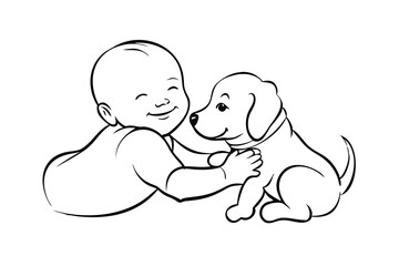 Smiling Baby Holding A Cute Puppy In Black And White Simple Line Drawing Design For Coloring Books And Childrens Illustrations