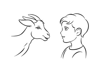 Boy And Goat Looking Each Other Black Line Art Illustration Child Animal Farm Young Kid Friendship Outlines Linear Drawing