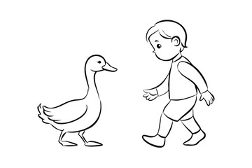 Line Art Illustration Of Boy And Duck Awaiting Color Awaiting Art Lesson For Kids Awaiting Illustration Project