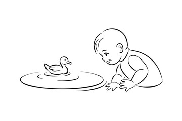 Baby Gazing Adoringly At A Duckling Swimming Illustration Minimalist Black Lines On White Background Perfect For Nursery Decor Projects
