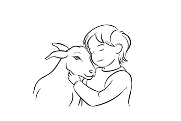 Gentle Line Art Of Child Embracing Sheep Depicting Friendship Affection And Animal Welfare In A Simple And Elegant Black And White Design