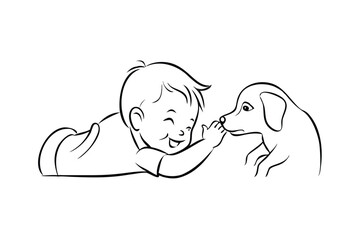 Illustration Of A Smiling Baby Touching A Dogs Nose Simple Black And White Line Art Depicting Friendship And Innocence