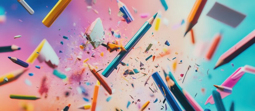 Exploding Colored Pencils Creative Abstract Art. back to shcool concept background design. Shattered Art Pencils