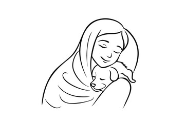 Minimalist Illustration Of A Woman Embracing A Puppy Dog Showing Love And Companionship In Black And White Line Art