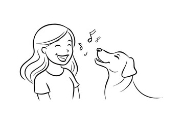 Happy Woman Singing With Dog In Outline Style Illustration On White Background With Music Notes Around