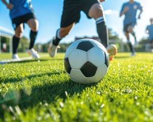 Obraz premium Soccer player running with ball on green grass. Close-up. Football Player. Soccer concept. Football Championship Concept. Football concept with copy space. 