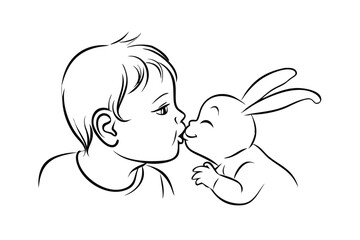 Cute Line Art Illustration Of Baby Boy Kissing A Bunny Happy Easter Springtime Joy Friendship Black And White Vector Design