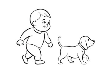 Baby And Puppy Walking Side By Side Line Art Illustration Isolated On White Background Minimalist Child And Dog Drawing Cute Together
