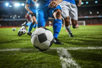 Obraz premium Soccer player in action with ball on the field and blurred player in background. Football Player. Soccer concept. Football Championship Concept. Football concept with copy space. 