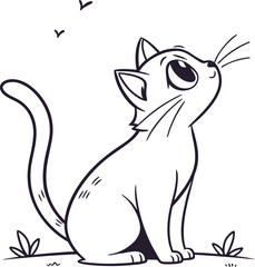 Elegant Illustration of a Graceful Cat with Curious Pose in Monochrome Style