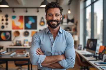 Fototapeta premium A confident, smiling man, arms crossed, standing proudly in his vibrant art-filled studio, showcasing his creative success with a warm and inviting atmosphere.