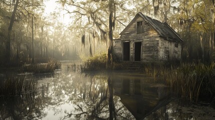 Serene swamp landscape with old abandoned house and misty morning sunlight calm dark grey moss wood