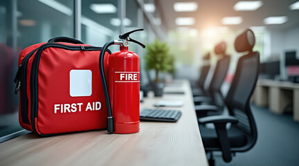 Work safety guidelines, A first aid kit and fire extinguisher are prominently displayed on a desk in a modern office setting, emphasizing workplace safety.