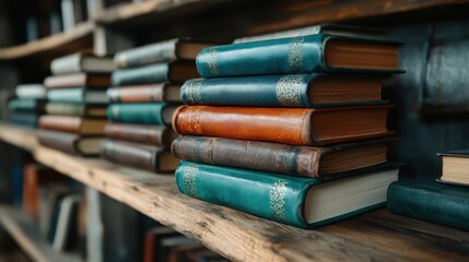 An artistic arrangement of stacked antique books showcasing unique textures and colors, invoking a sense of nostalgia and a love for timeless literature and history.