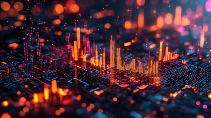 Abstract grid with orange data spikes, glowing particles, digital landscape