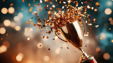 A shimmering trophy erupts with a burst of colorful confetti, encapsulating the essence of celebration and achievement in a stunningly blurred backdrop that radiates joy.