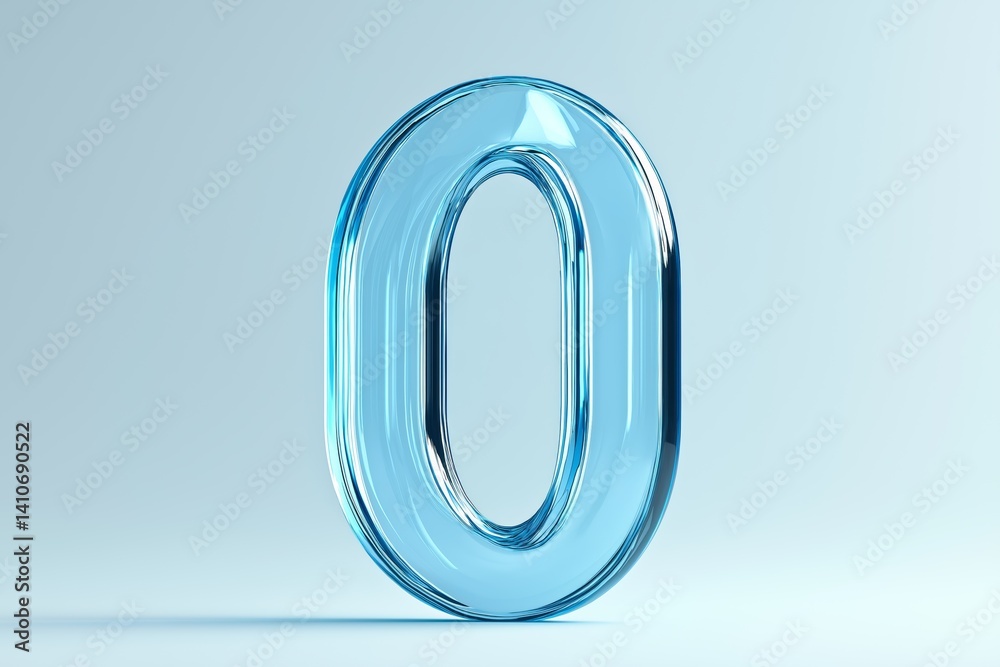 Aufkleber Blue number zero in transparent glass design with smooth glossy surface symbolizing clean minimalism and futuristic digital style, Generative AI