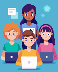 A team of teenage boys and girls sit in front of their laptops tackling coding challenges in a race against time during the coding olympiad. They stay focused and calm under. Vector illustration