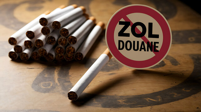 Cigarettes lay near a No Customs sign on a wooden surface highlighting the issue of contraband or illegal tobacco trade.