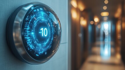 Futuristic Digital Clock Displaying Number 10 in a Modern Corridor with Warm Lighting